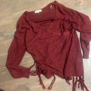 V neck faux wrap fringe sweater
